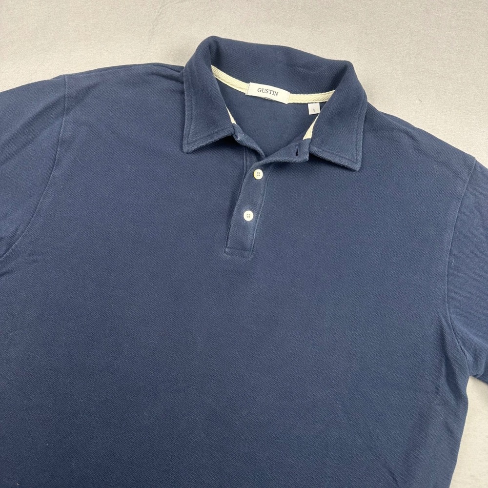 Gustin Pique Polo Shirt Mens Navy Blue 100% Cotton Size Large Made in USA